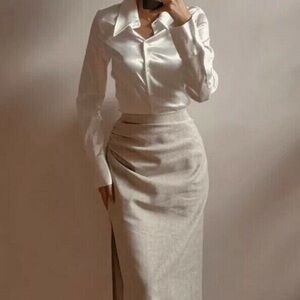 Zara Draped Linen High Waisted Midi Skirt with Side Slit